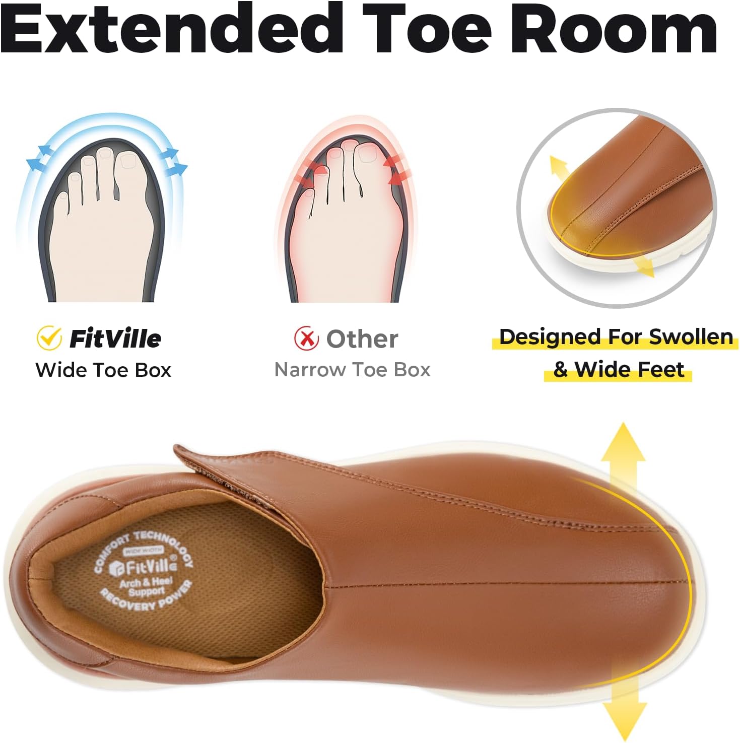 Diabetic Shoes FitVille для мужчин, классические туфли, повседневные слипоны, оксфорды, регулируемые деловые формальные свадебные туфли, ортопедические кроссовки для отекших ног - EasyTop Deluxe Dress Shoes V1, Bronze — фото 4