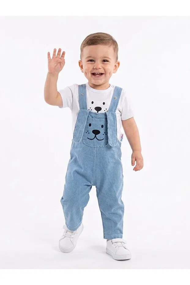 Детский комбинезон для мальчиков хлопковый комплект Cotton ear detailed soft denim 2-piece baby boy salopet set Kids Kingdom, Blue
