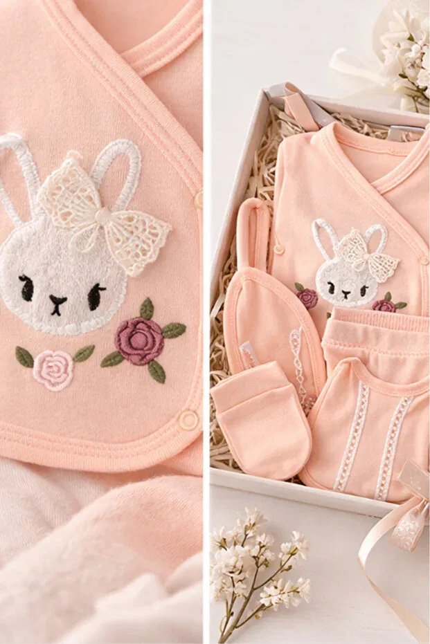 Детский комбинезон для новорожденных с принтом Organic baby girl print rabbit patterned 5-piece jumpsuit hospital release newborn outfit baby bib Bamoola, Lilac — фото 4
