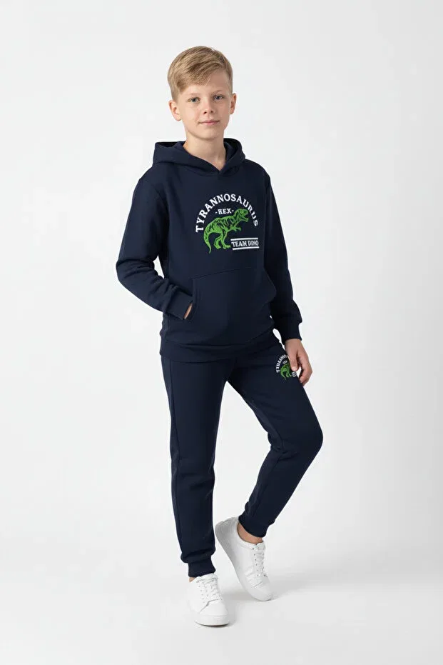 Детский спортивный костюм для мальчиков с принтом 3 iplik ş fleece-lined winter kangaroo pocket k hooded print detailed boys' tracksuit set Ya Ko Kids, Navy Blue — фото 3