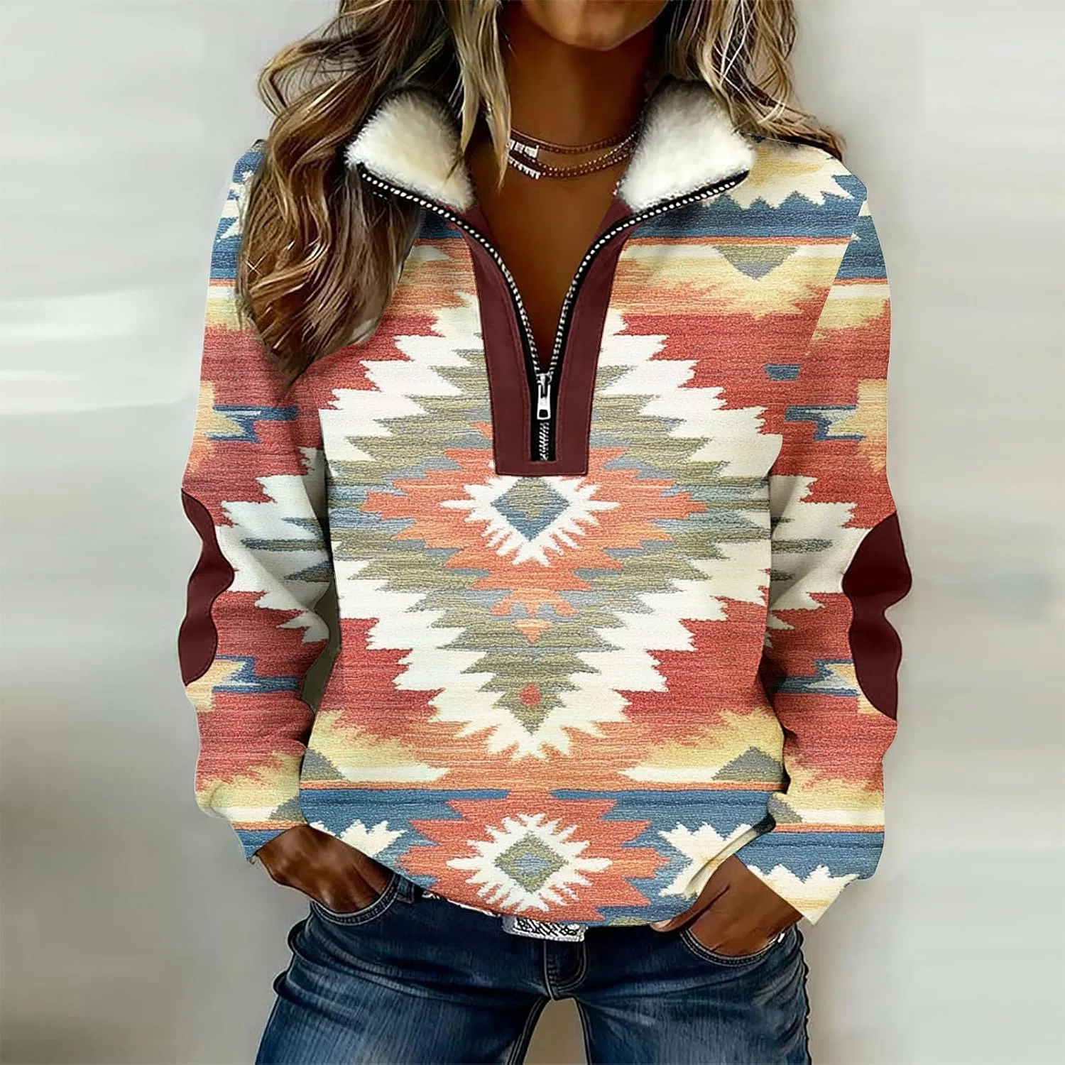 Женский свитшот с принтом, с воротником из шерпы, модель Aztec Print, мультиколор — фото 2