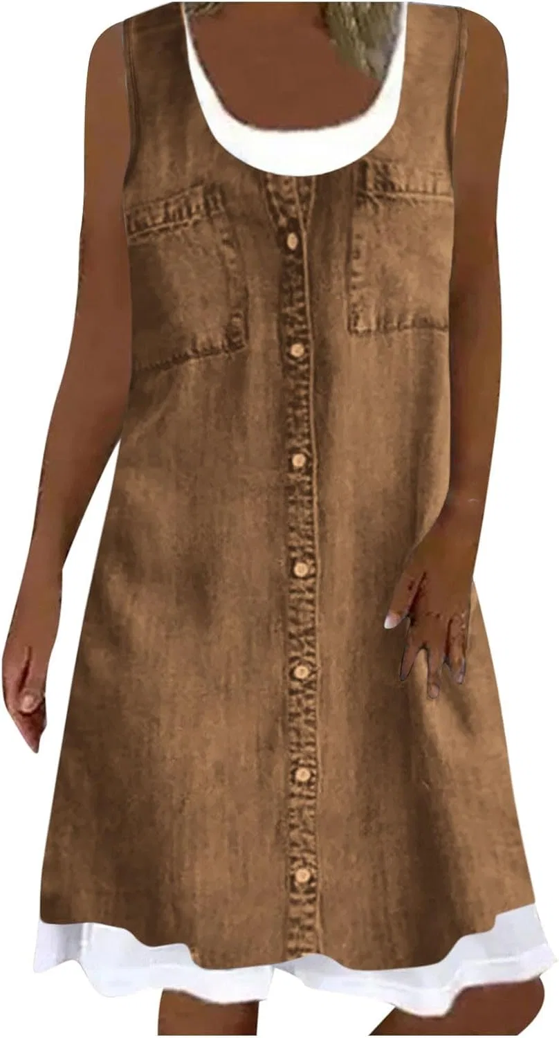 Женское джинсовое платье мини sleeveless, Coffee