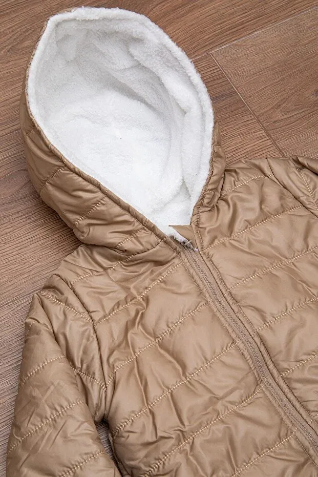 Детское пальто для девочек на молнии из плюша с капюшоном Mika Bebek & Çocuk, Beige — фото 4