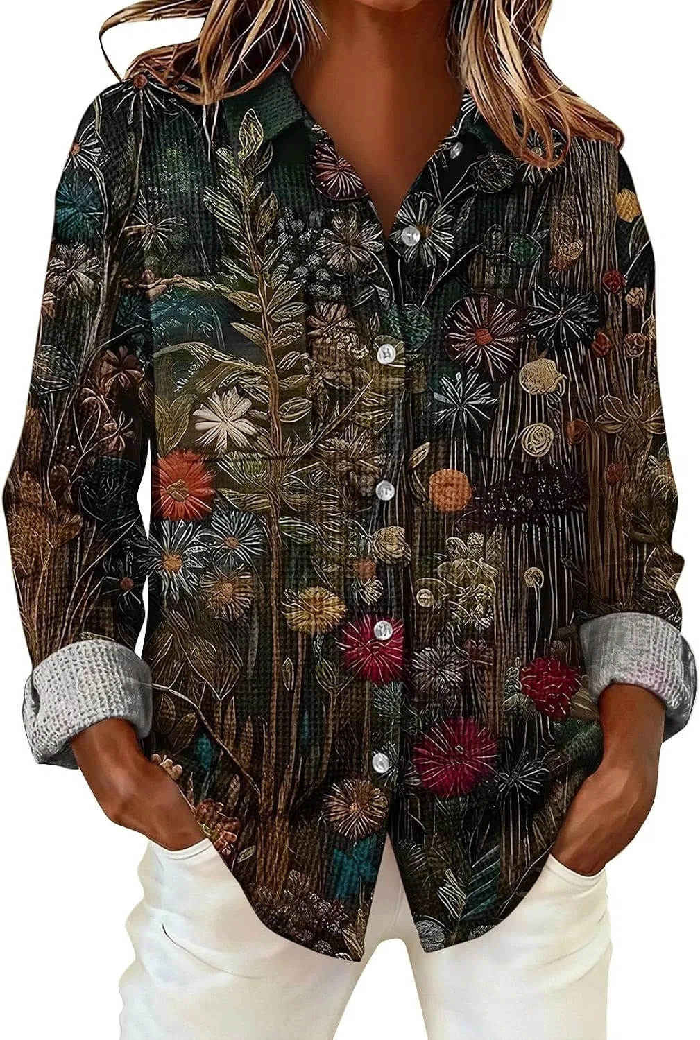 Женская блуза с принтом, модель Boho Button, чёрный