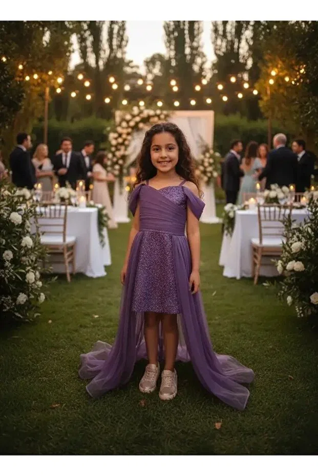 Детское платье для девочек с коротким рукавом Silvery evening dress with short train on the inside Ahsenimbebe, Purple