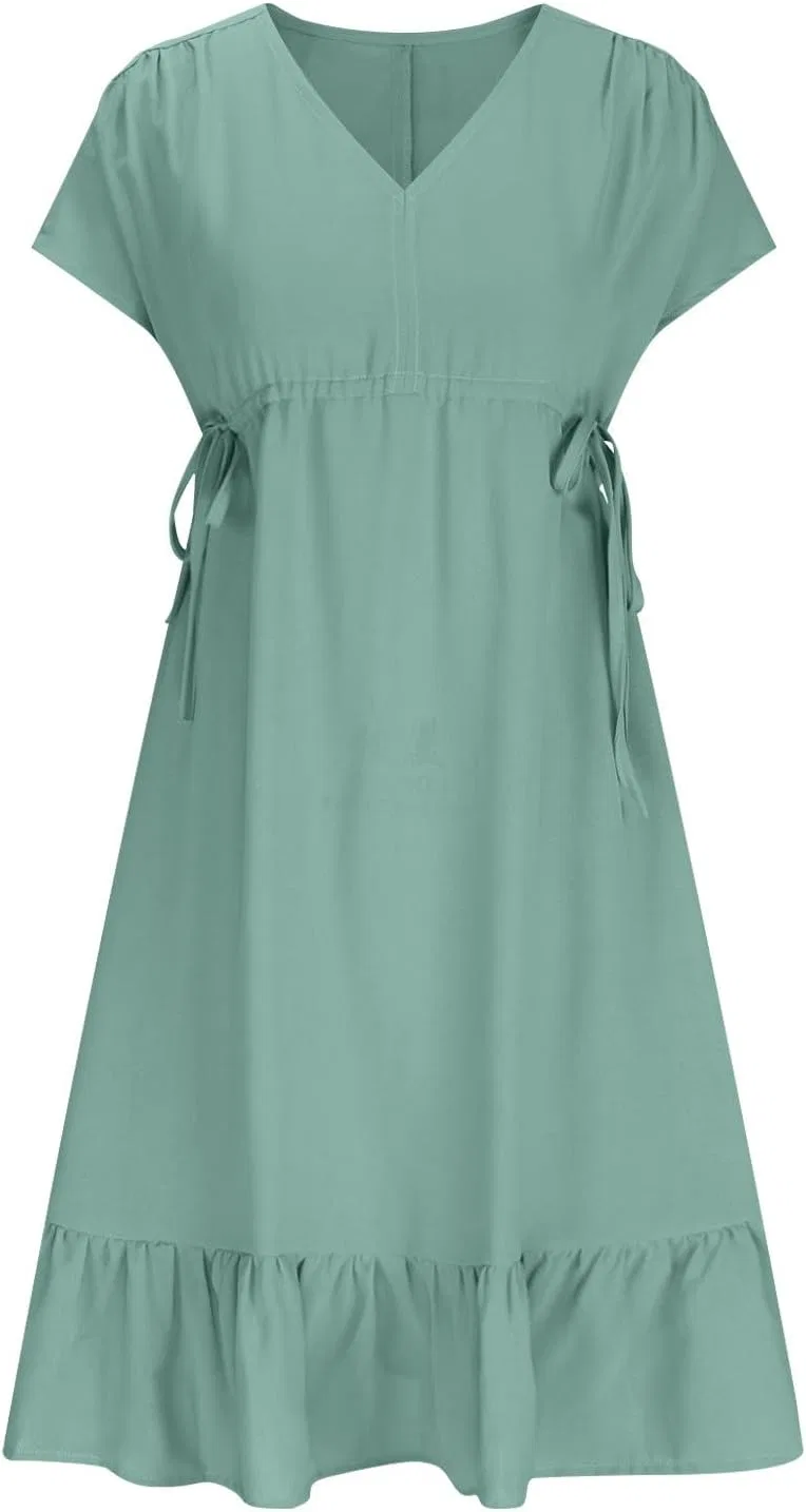 Женское летнее платье миди с V-образным вырезом и эластичной талией, Mint Green — фото 4