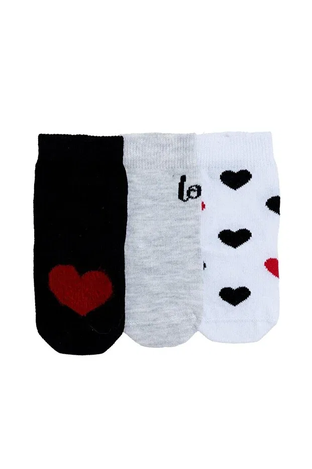 Детские носки для девочек с принтом 3-предметный набор Hellobaby baby girl 3-piece sock set heart printed Ebebek Hello Baby, Black Printed