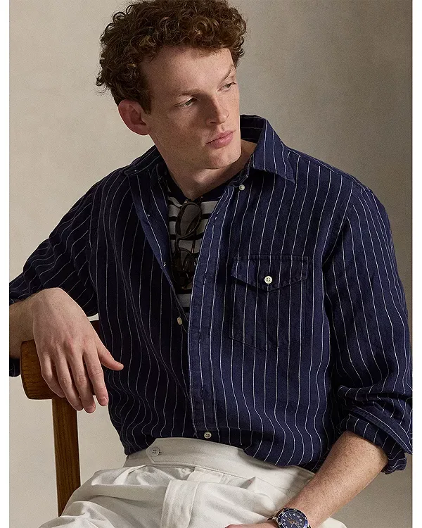Мужская рубашка с длинным рукавом Classic Fit Striped Linen Polo Ralph Lauren, Navy/White — фото 4
