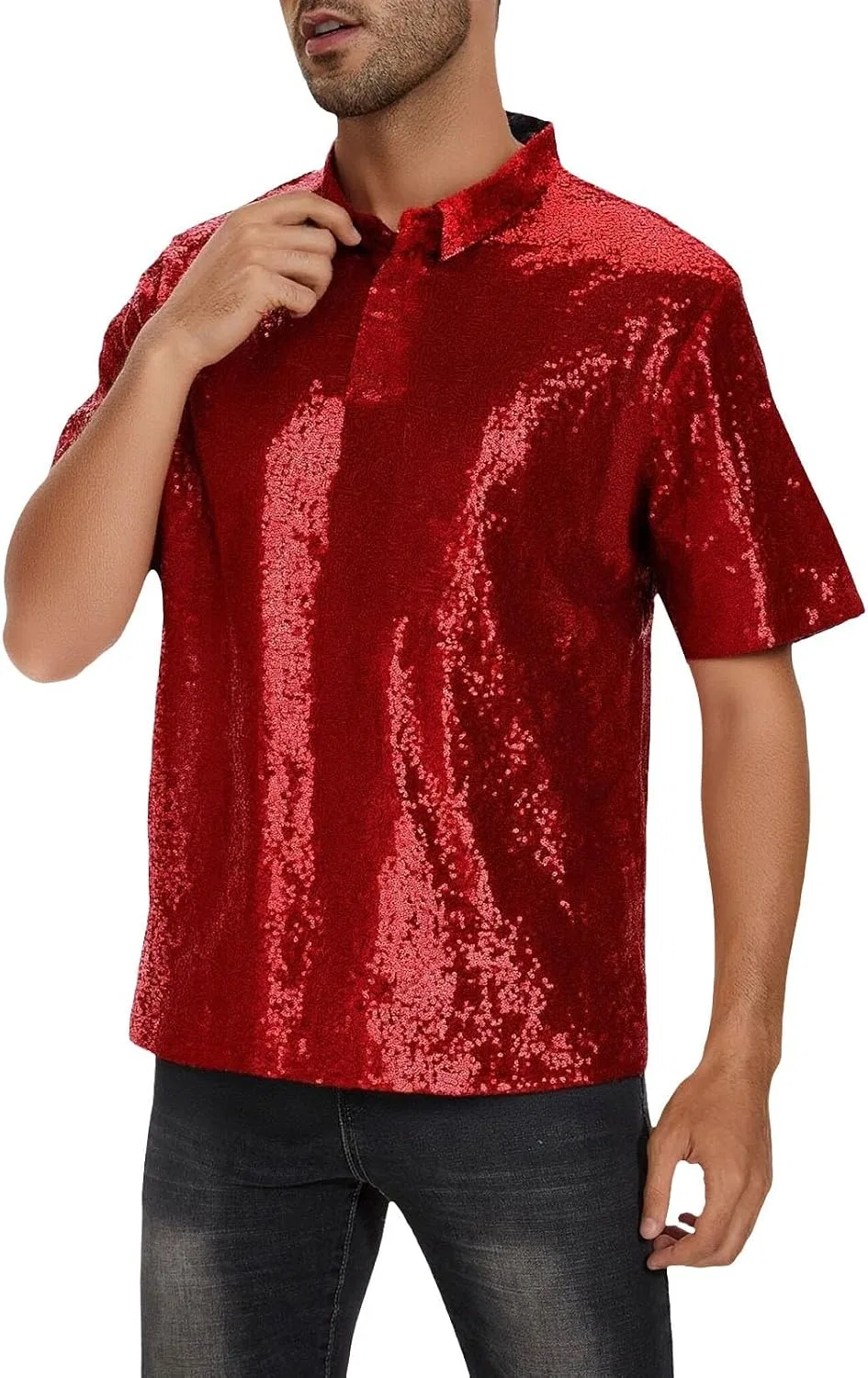Мужская рубашка с пайетками Metallic Shiny Short Sleeve Turndown Collar Button Up Golf Shirts Sparkle Disco Party Shirt, винный