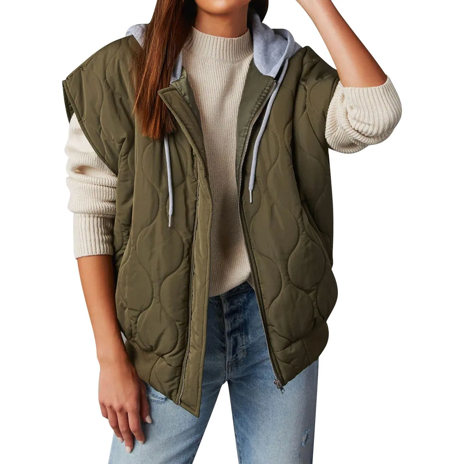 Женский стеганый жилет с капюшоном и молнией Donne Tinta unita Cotone Trapuntato Con Cappuccio Zip Gilet Giacca Cappotto Gilet Toe Slip, Verde