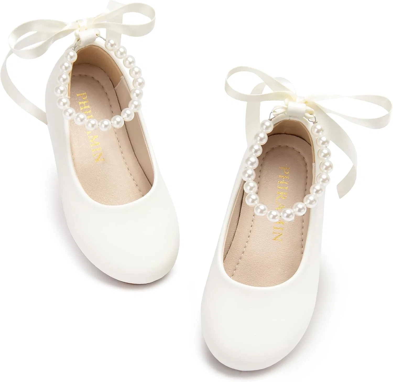 Детские туфли-балетки для девочек с жемчужным ремешком PHIRAMIN, Ivory White Pearl Strap