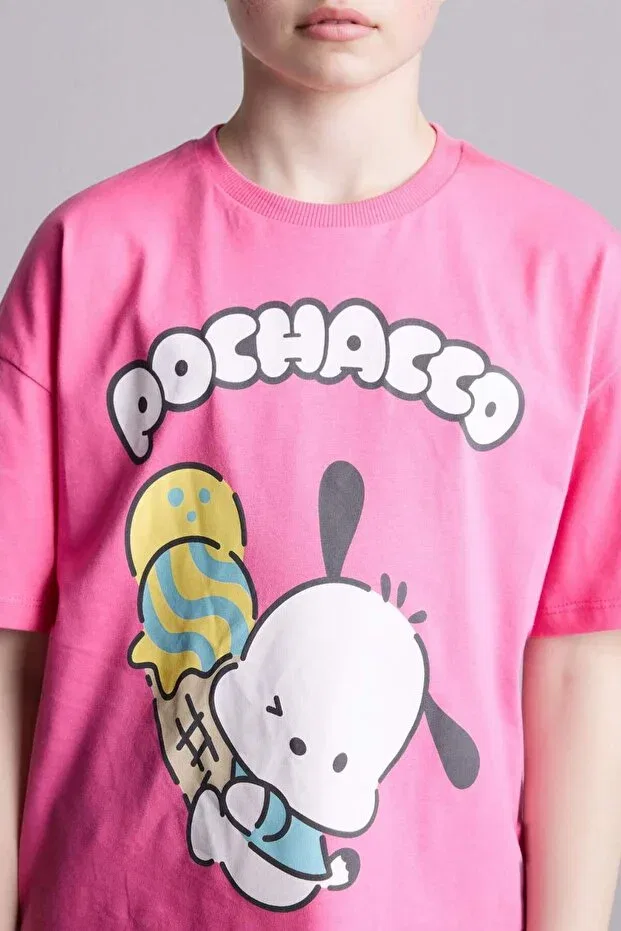 Детская футболка для девочек с принтом Pochacco Oversized Crew Neck Short Sleeve Defacto, Pink-Pn206 — фото 4