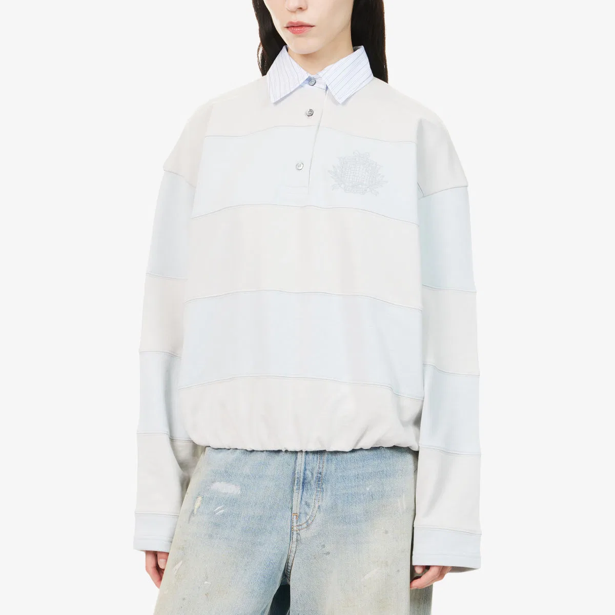 Хлопковая толстовка в полоску с вышитым логотипом Acne Studios, светло-голубой/серый — фото 3