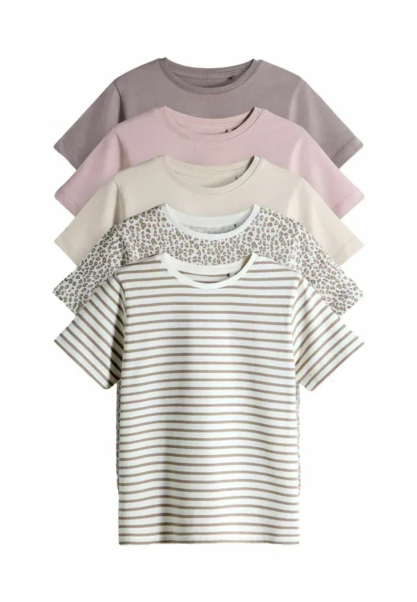 Футболка с принтом Regular fit, короткий рукав, набор 5 штук Animal print The Set, Leopard Taupe, Light Pink Stripe, Warm Stone, светло-розовый/бежевый