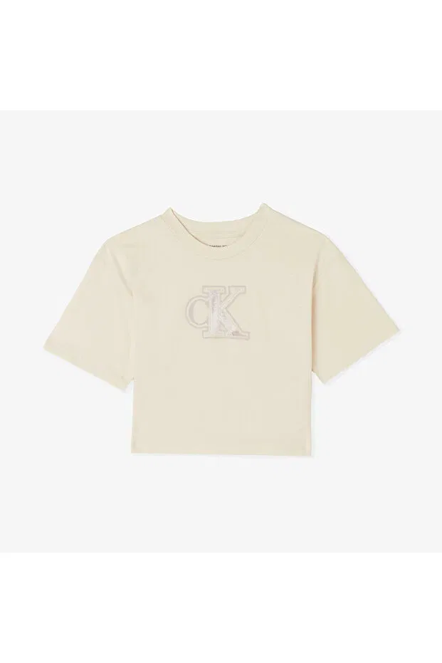 Детская футболка для девочек с принтом Velvet Monogram Boxy Calvin Klein, Nude Color