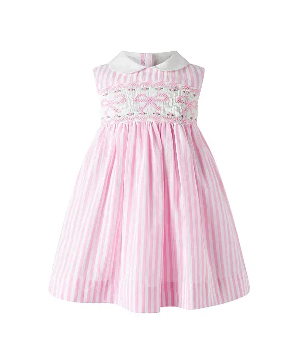 Детское платье для девочек без рукавов с комплектом трусиков Girls' bow smocked striped dress and bloomers Rachel Riley, розовый