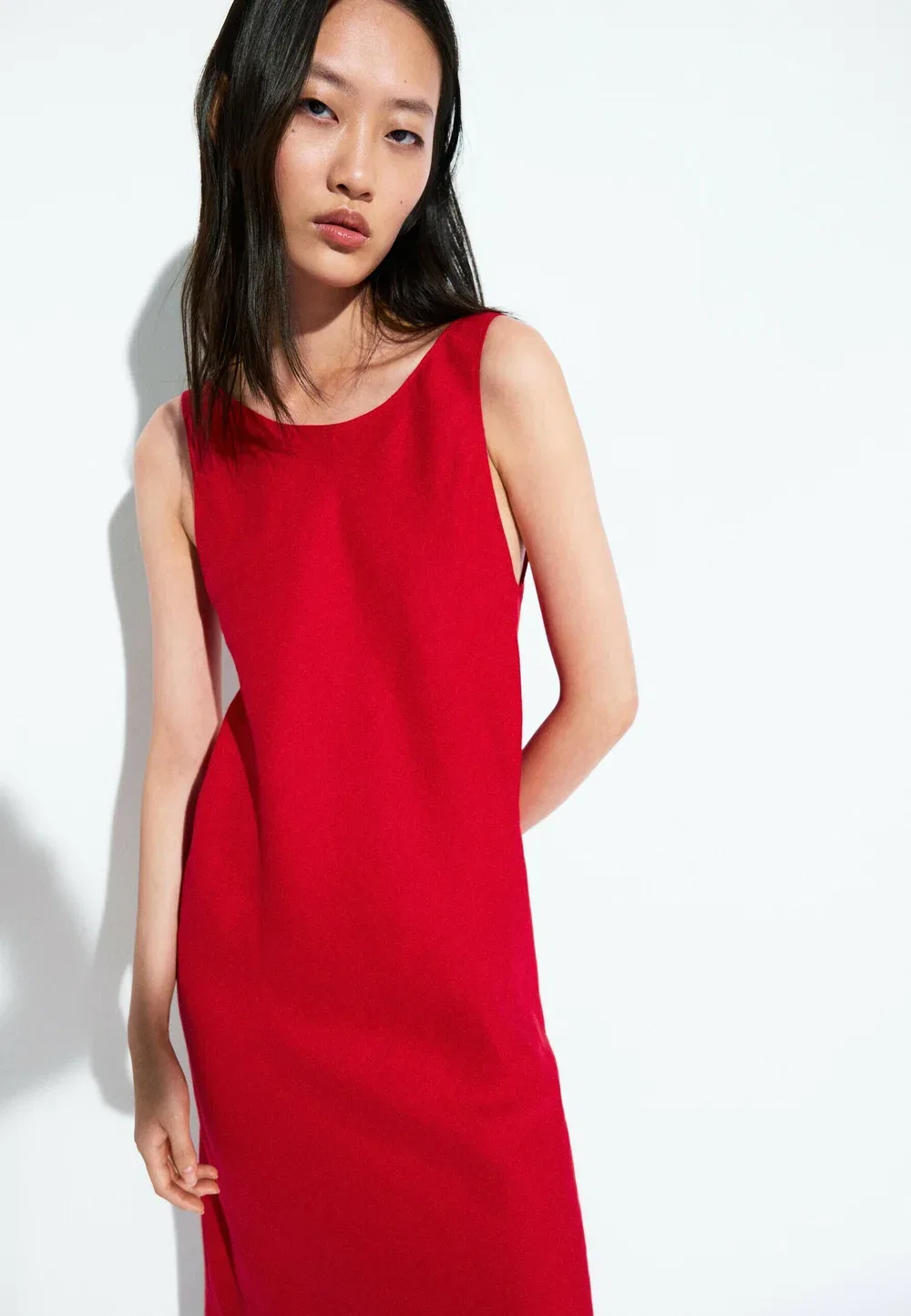 Льняное платье миди с открытой спиной - платье макси Massimo Dutti, Red — фото 2