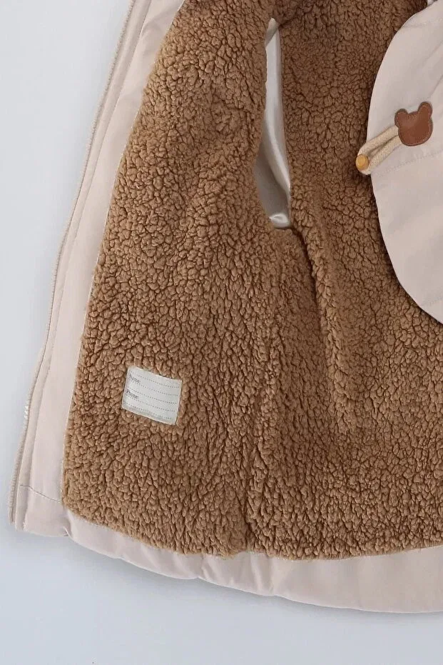 Детское зимнее пальто для девочек с капюшоном Teddy bear plush fur inside zippered pocket hooded soft snow winter girl boy baby coat children's coat Mdm, Beige — фото 3