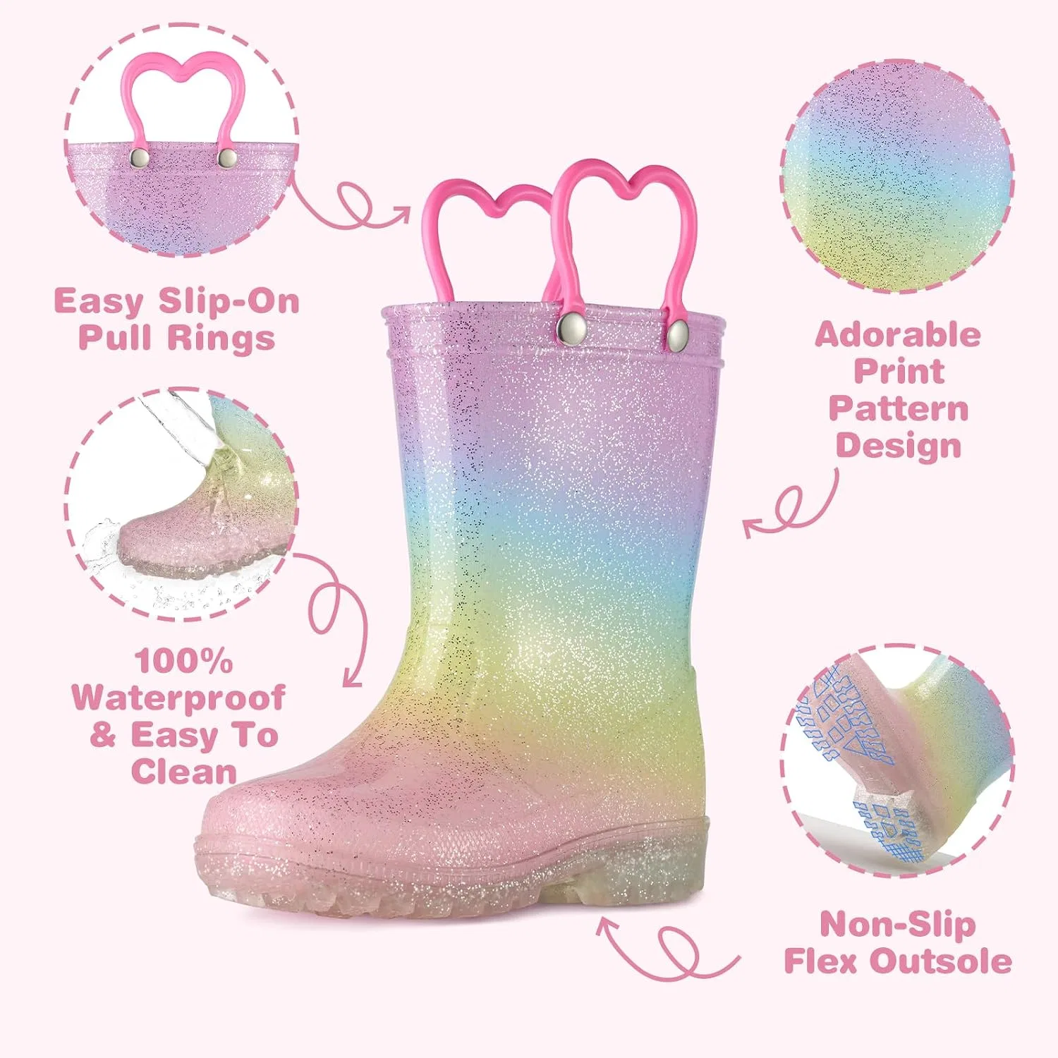 Детские резиновые сапоги для девочек со светящейся подошвой HISEA, Glitter Rainbow — фото 4