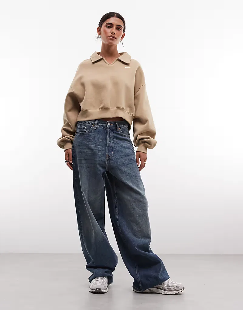 Укороченная флисовая рубашка-поло Nike Studio Fleece Oversized, бежевый — фото 2