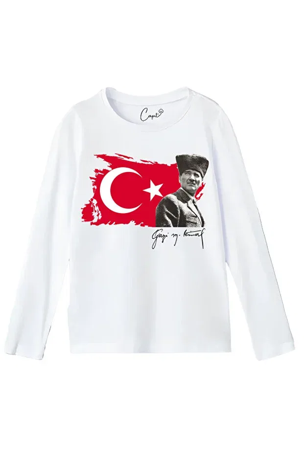 Детская футболка для девочек с принтом Zero Collar Long Sleeve Moon-Star Gazi M.Kemal Atatürk Çapıt, White