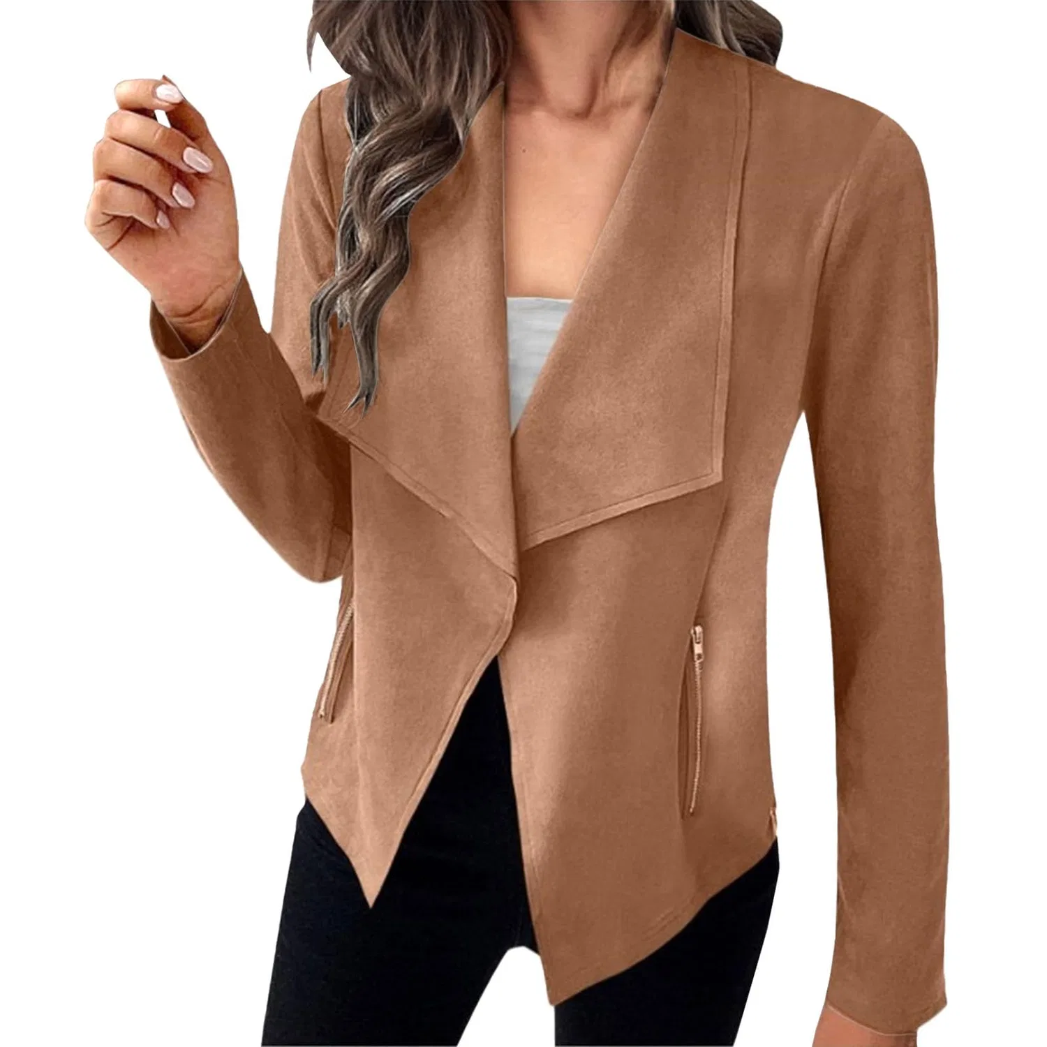 Женская куртка из искусственной замши с лацканами и длинным рукавом, Dark Khaki