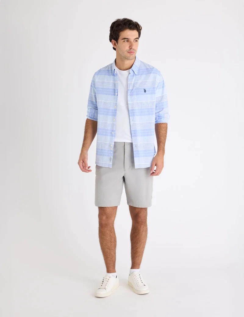 Мужская рубашка U.S. Polo Assn. Long Sleeve Horizontal Stripe Slub Poplin, лазурно-голубой/белый — фото 3