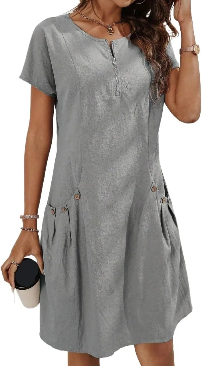 Женское повседневное платье-туника с коротким рукавом Zip Collar, Gray — фото 2
