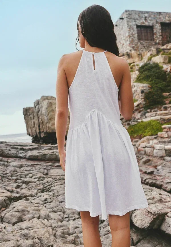 Платье хлопковое Regular fit - embroidered mirror detail high neck mini dress Next, white, белый