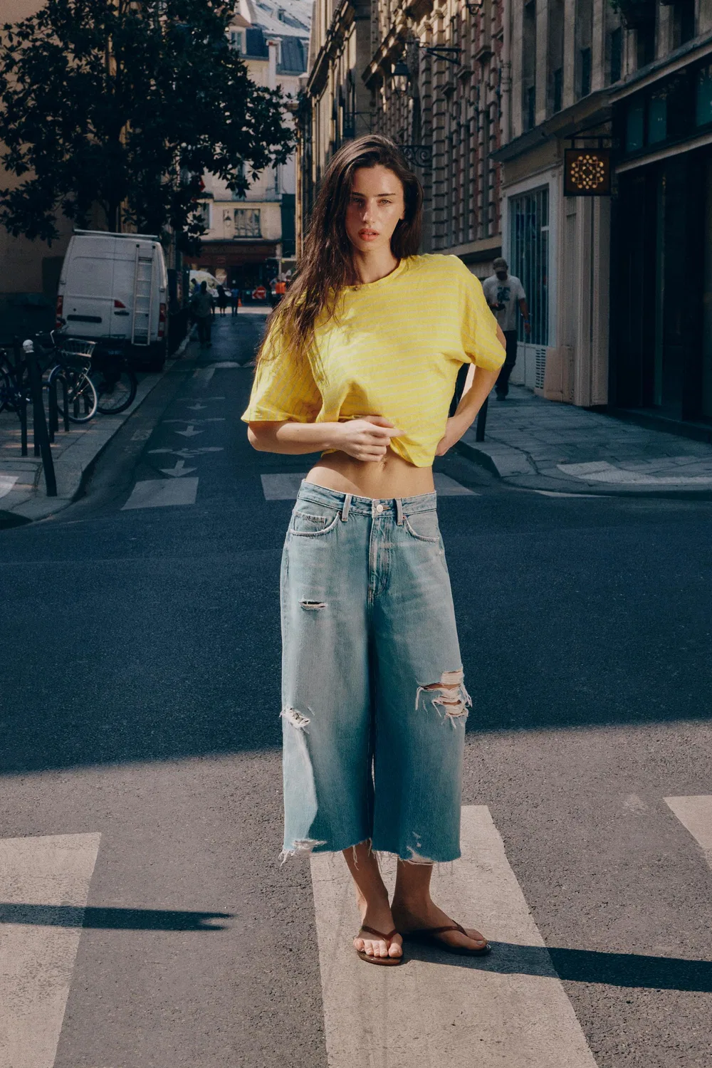Футболка в полоску из хлопка и льна ZARA, Yellow