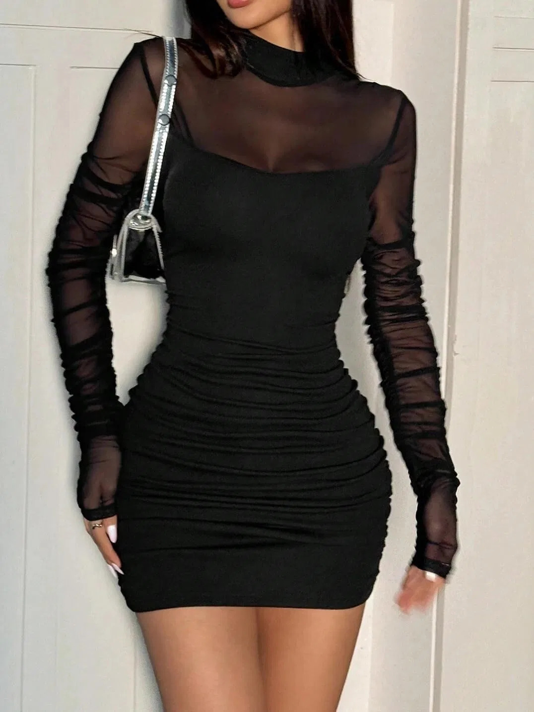 Женское мини-платье bodycon с сеткой и драпировкой, Black — фото 3