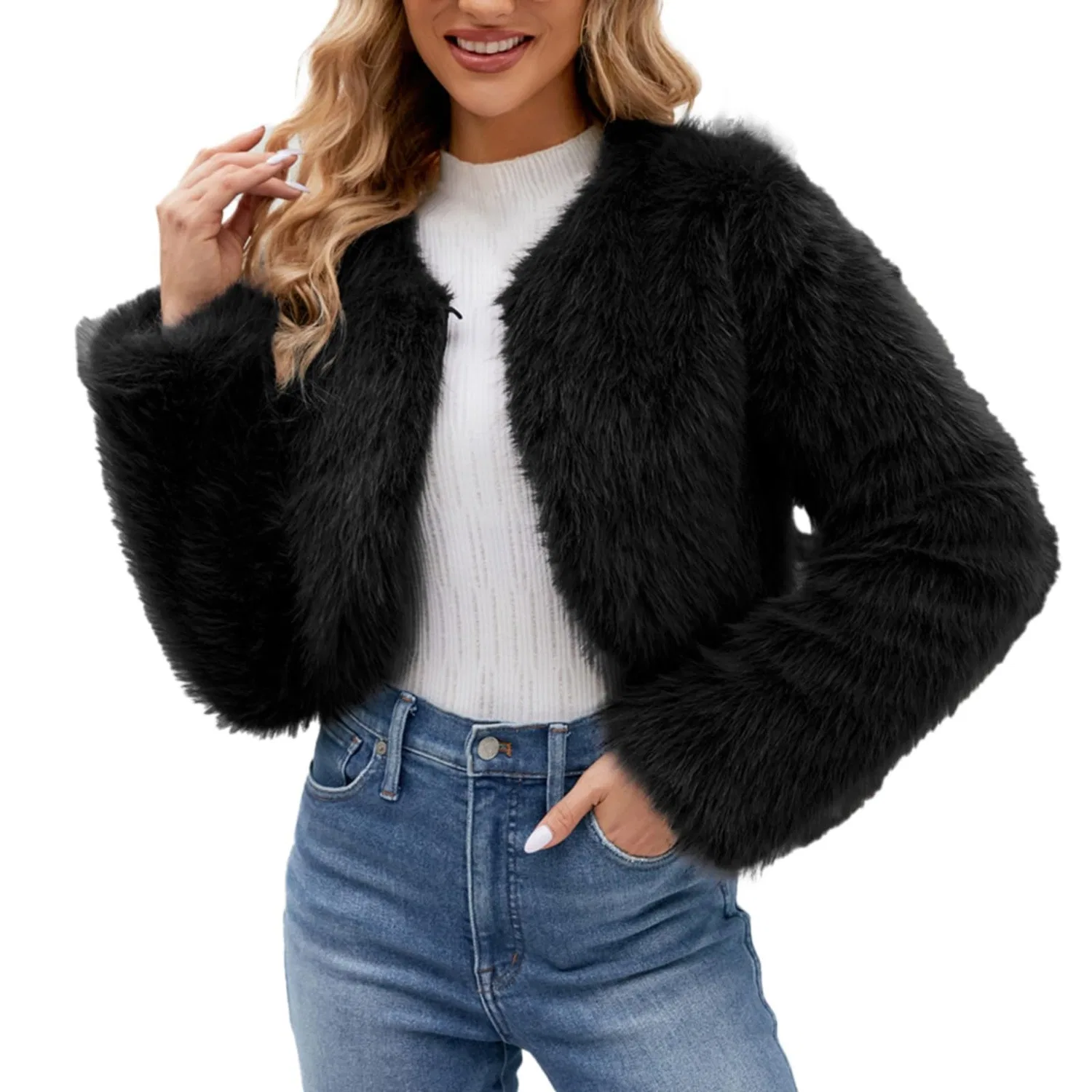 Женское пальто из искусственного меха с длинным рукавом, Black