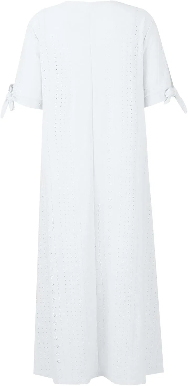 Женское летнее платье макси Eyelet с V-образным вырезом, коротким рукавом, завязками и карманами, White — фото 4