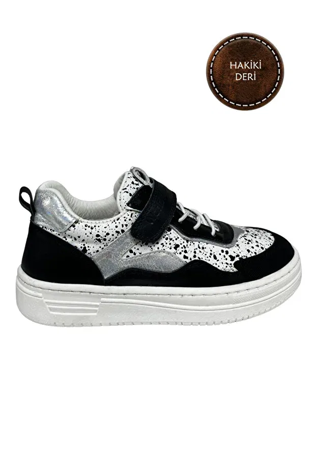 Детские туфли для девочек из натуральной кожи Şenler Bebe World Kids, Black-White Black Pattern-Silver