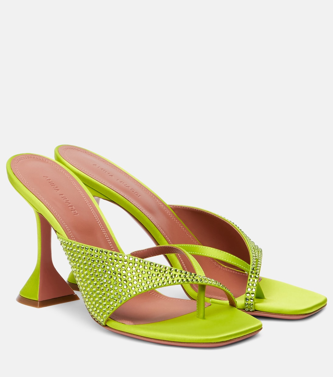 Шиона 95 атласные шлепанцы с кристаллами Amina Muaddi, Acid Green Lime Crystals