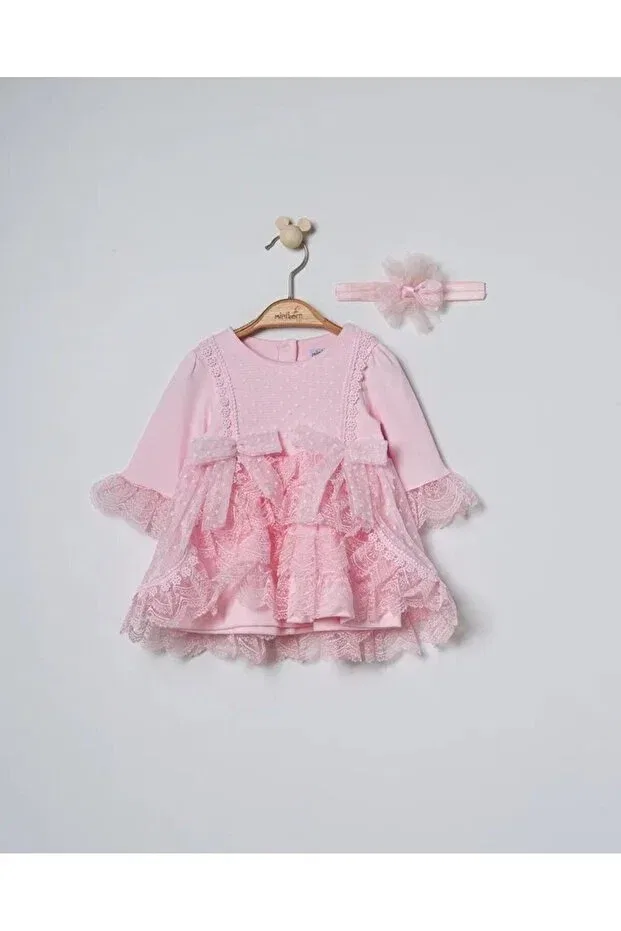 Детское платье для девочек с кружевом Organic lace detail baby girl dress Miniborn, Pink — фото 3