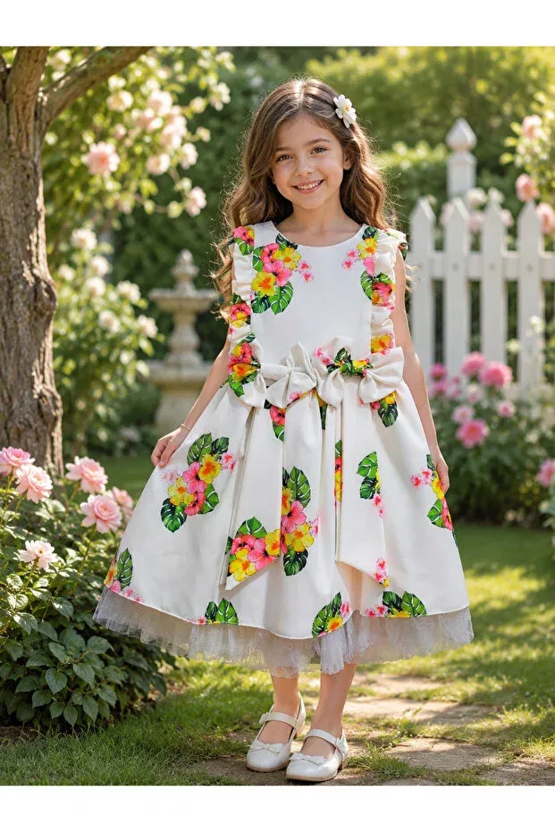 Детское платье для девочек с принтом Floral patterned girls' princess dress - special design with bow detail Tradinyom, Ecru