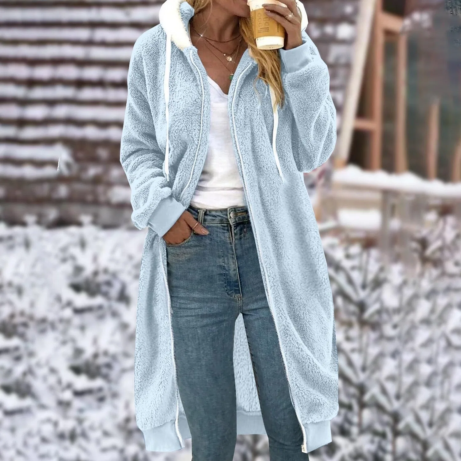 Женское зимнее пальто с капюшоном и флисом, оверсайз, Sky Blue — фото 3