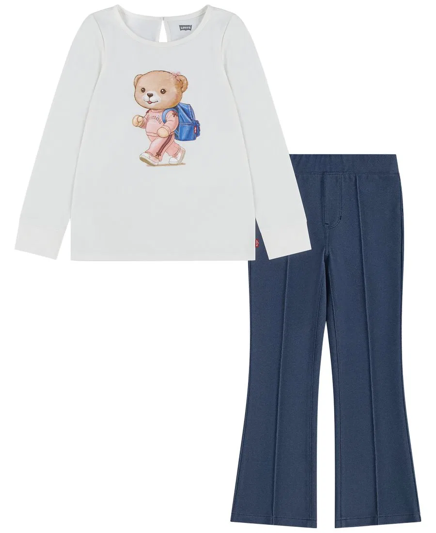 Комплект из футболки с принтом и брюк-клеш, Bear Short-Sleeve T-Shirt and Flared Pants Levi's, White/Blue