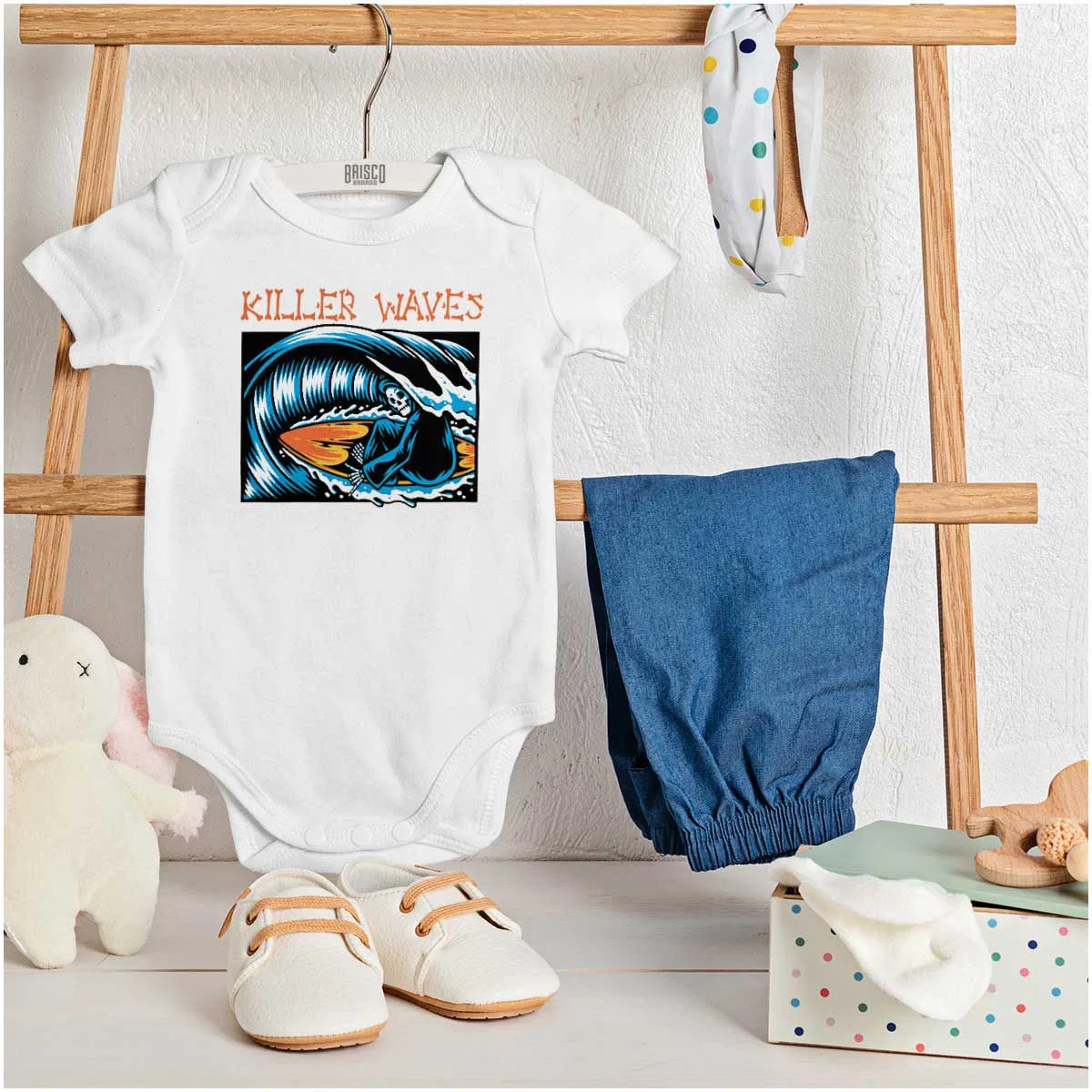 Детский боди-комбинезон с принтом Skeleton Reaper Surfer Killer Waves Brisco Brands, White — фото 3