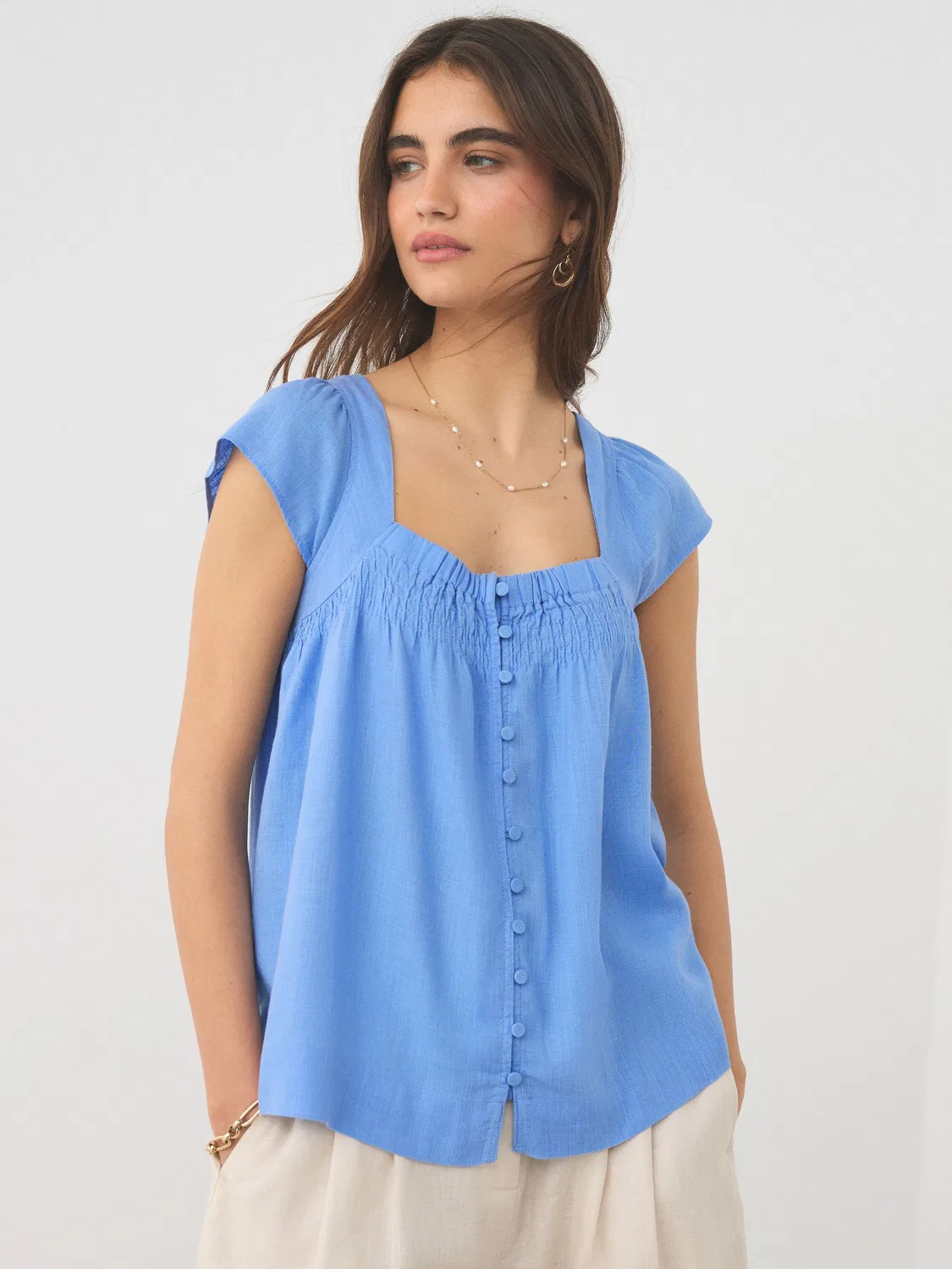 Блуза с квадратным вырезом и воланами на рукавах, 2 шт Next, Chambray Blue/Ecru Floral — фото 2