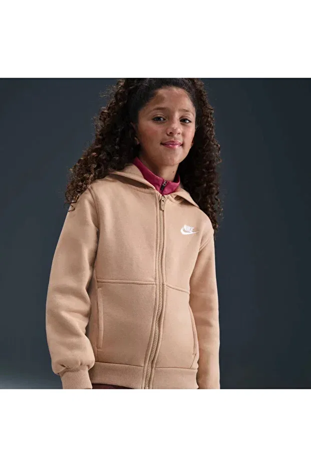 Детское худи для девочек с принтом Club Fleece Ls Fz Hoodie Nike, Beige — фото 2