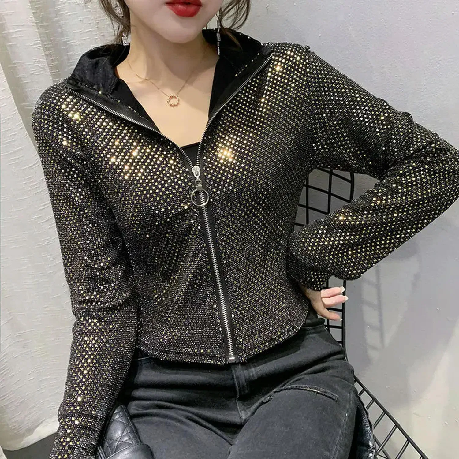 Женская куртка с блестками Glitter Moda Femminile Manica Lunga Design Senso Camicia con Fondo, Verde — фото 4