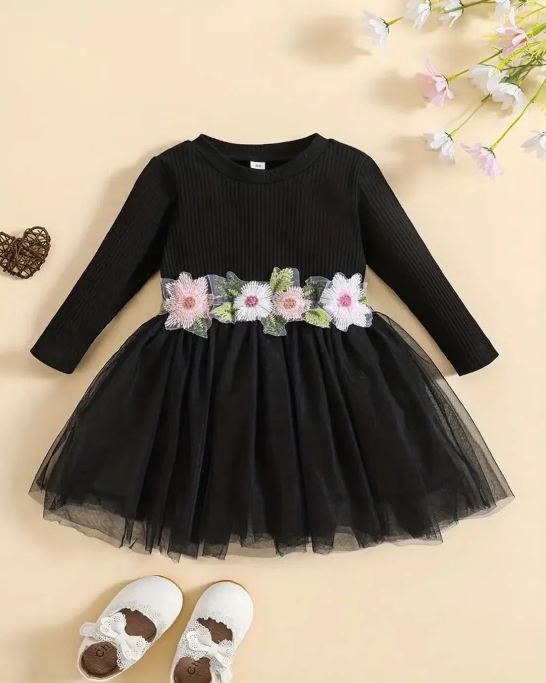 Платье с длинным рукавом с принтом Black floral party dress Niren Enterprise, черный — фото 2