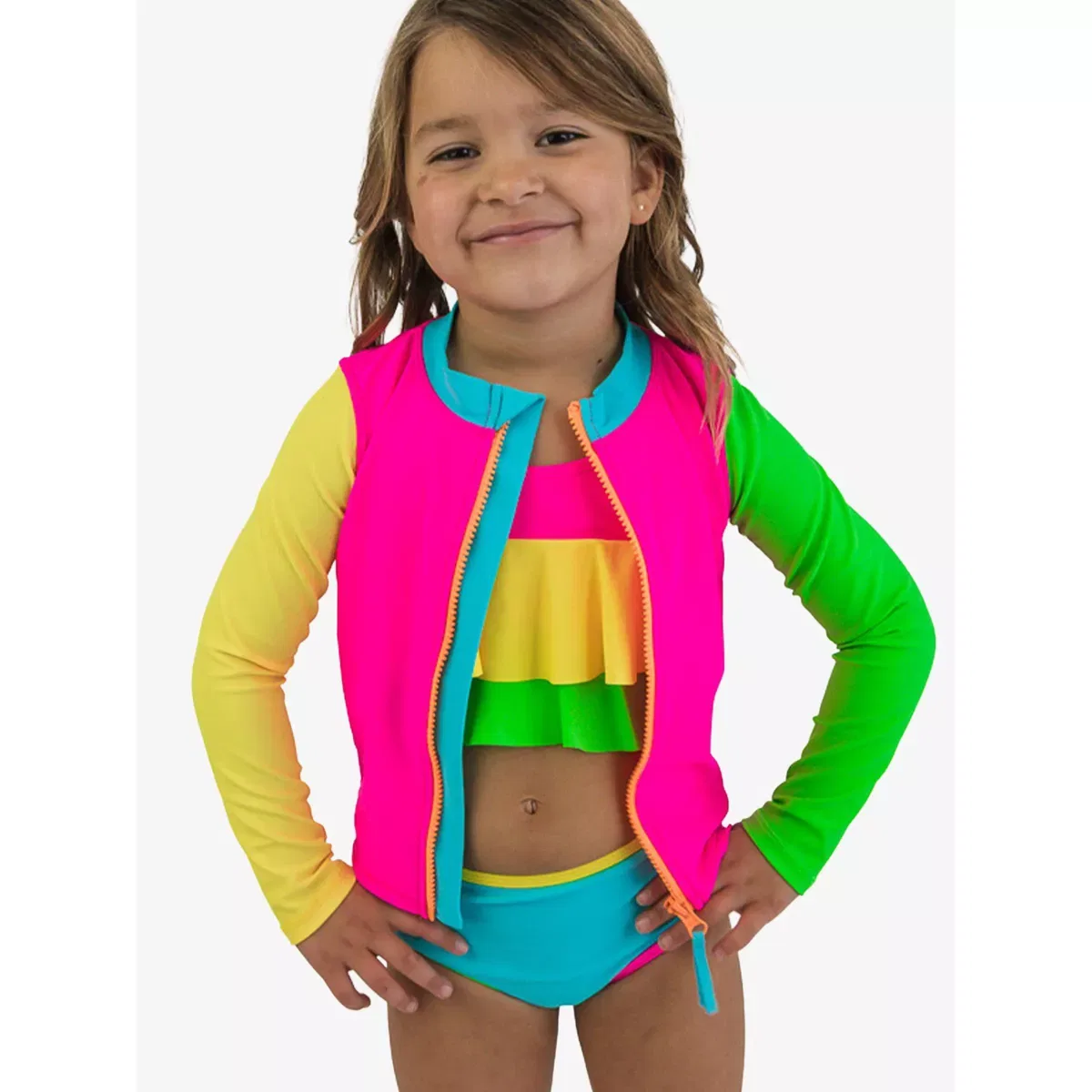 Детский рашгард с длинным рукавом на молнии RuffleButts, Neon Color Block — фото 4