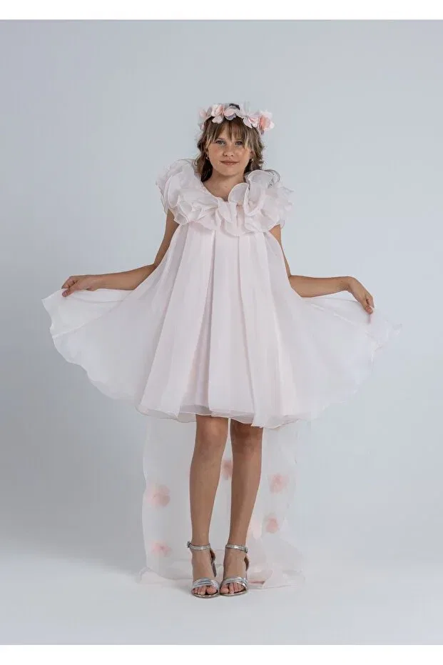 Детское вечернее платье для девочек с принтом Flower Detailed Girl's Evening Dress With Tail Monita, Somon