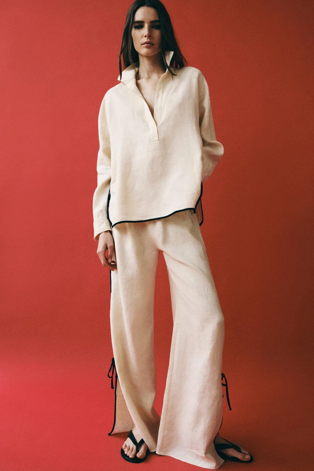Рубашка из 100% льна из коллекции ZW с контрастной окантовкой. ZARA, Beige — фото 3