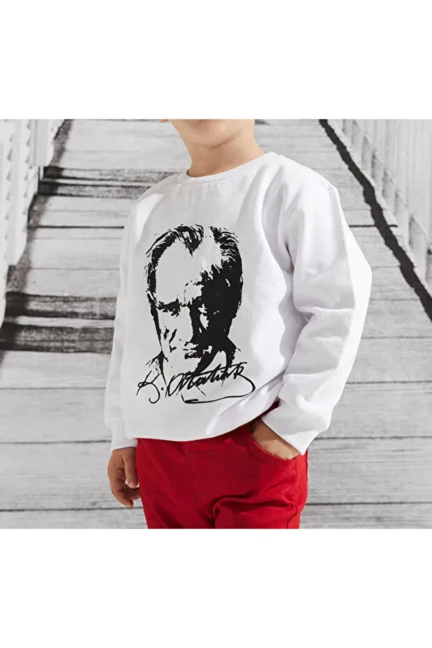 Детские свитшот для девочек с принтом Ataturk printed crew neck long sleeve unisex sweatshirt with raised cuff inside Neocotton, Ecru