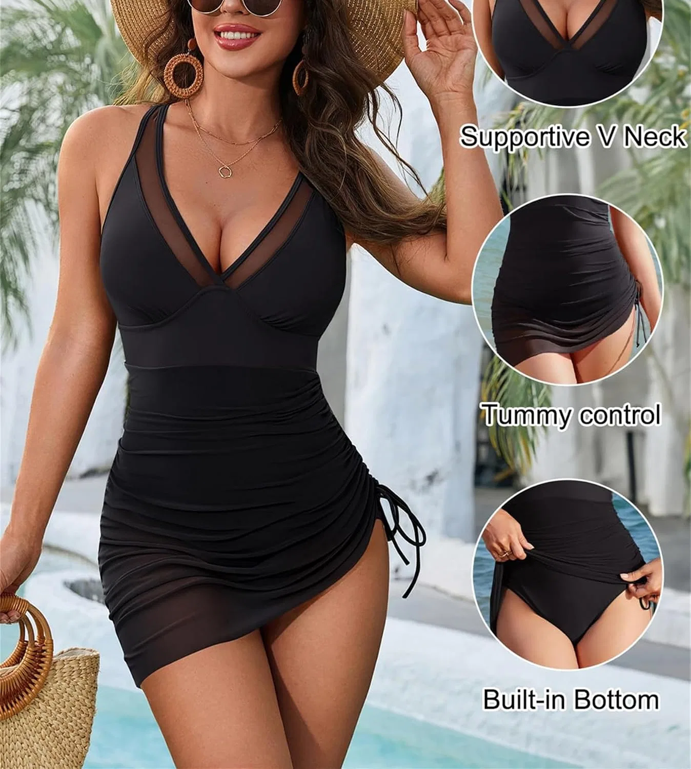 Женский слитный купальник с юбкой утягивающий Mesh V-Neck, Black — фото 2