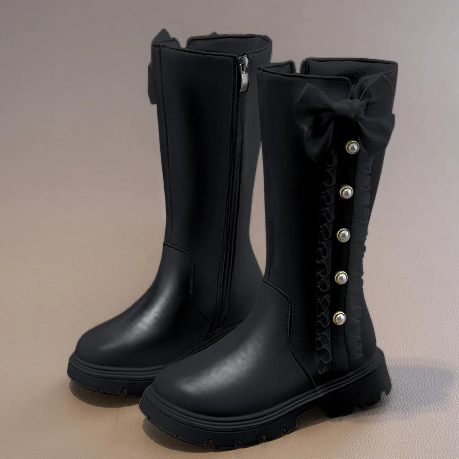 Детские ботинки для девочек с принтом, зимние, из полиуретана, модель Mid Calf Combat Boots, Black — фото 3